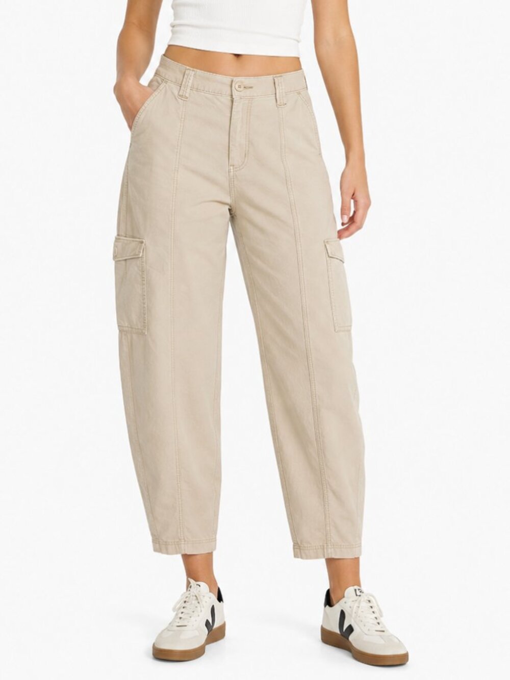 AMERICAN EAGLE Barrel Leg 26.5" Cargo Pants Khaki Tan Sz 4 Stretch Utility Ankle